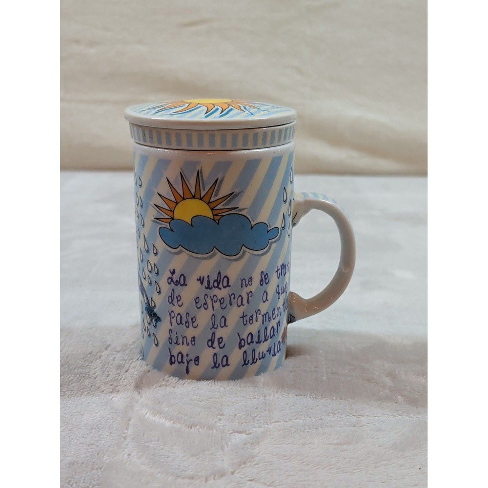Sigris Spanish Quote Tea Infuser Mug with Lid Ceramic Strainer Sun Rainbow Blue - Picture 2 of 11